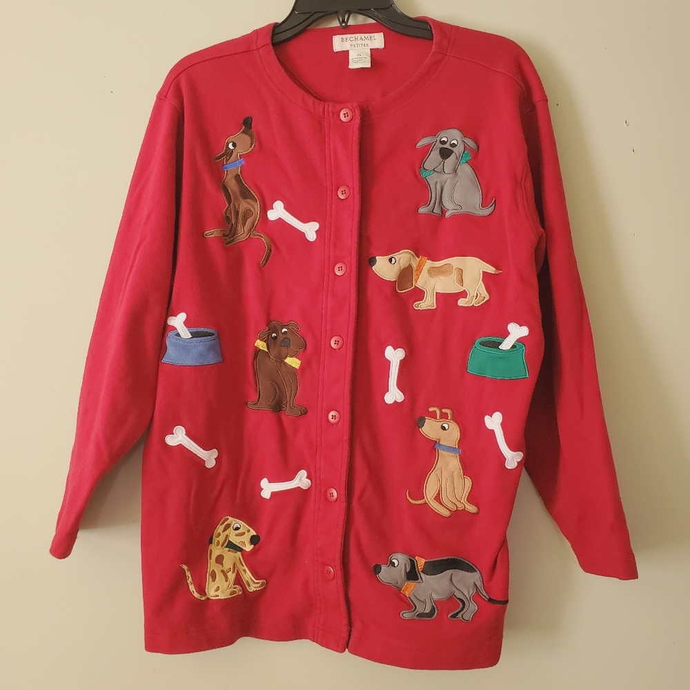 Vintage Dog Appliqué Red Cardigan Sweater 100% Cotton Petite Large Eclectic